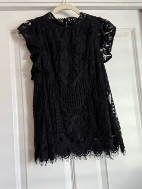 Sweet Lovely By Jen Small Solid Black Mock Neck Lace Short Sleeve Shirt Top